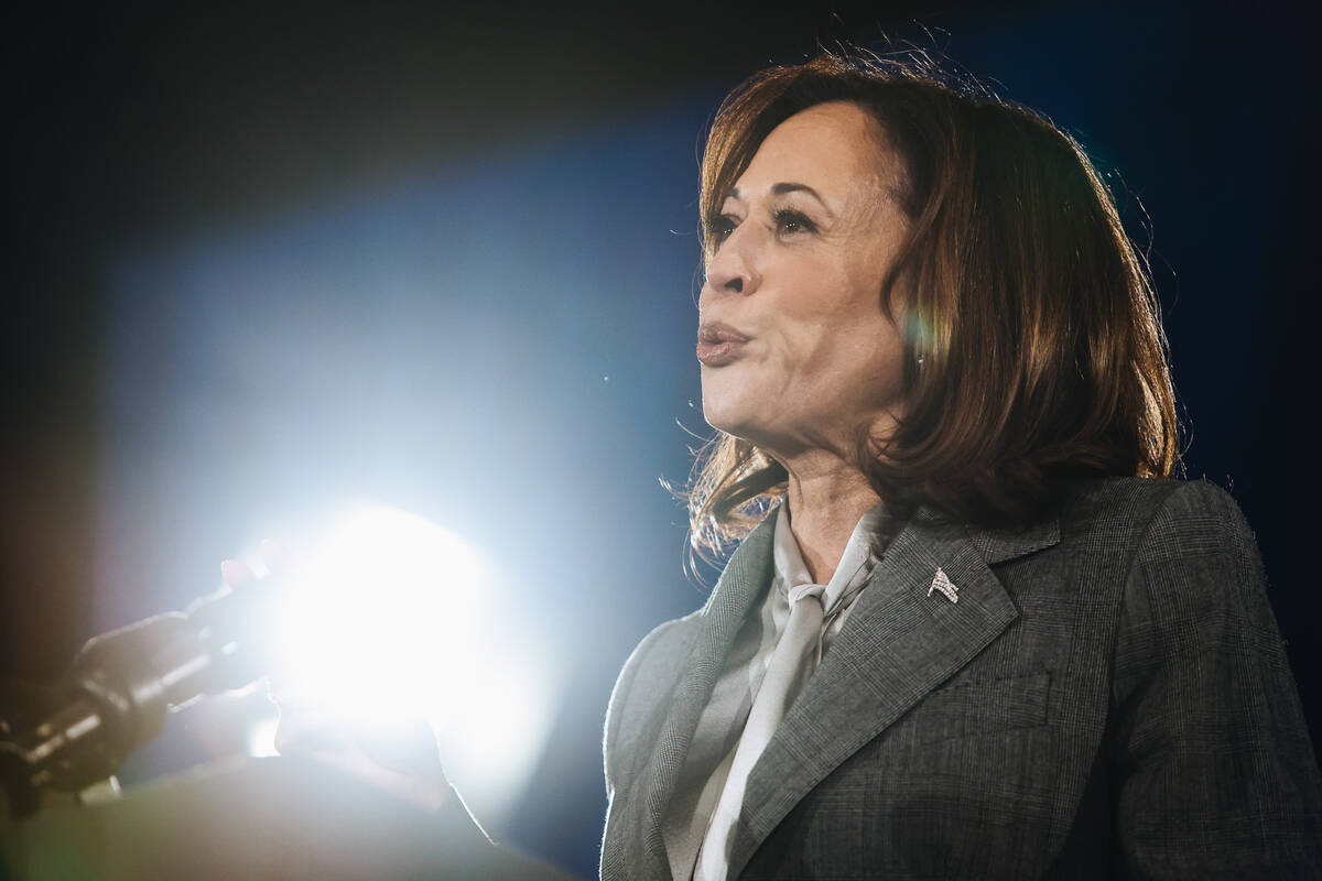 Vice President Kamala Harris speaks to a crowd during a campaign event at IBEW Local 357 on Sat ...