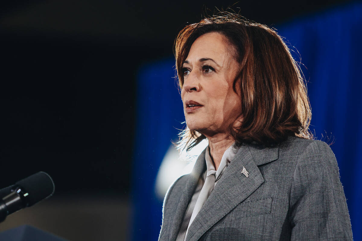 Vice President Kamala Harris speaks to a crowd during a campaign event at IBEW Local 357 on Sat ...