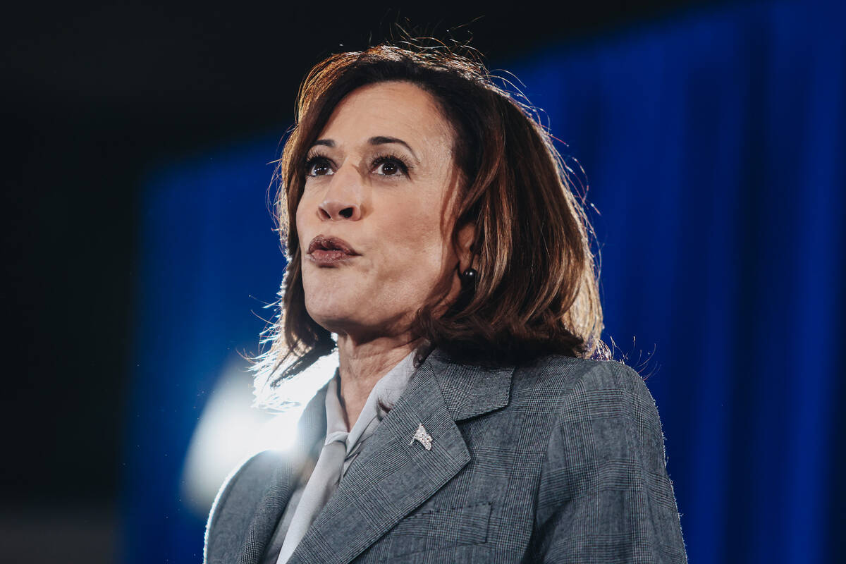 Vice President Kamala Harris speaks to a crowd during a campaign event at IBEW Local 357 on Sat ...