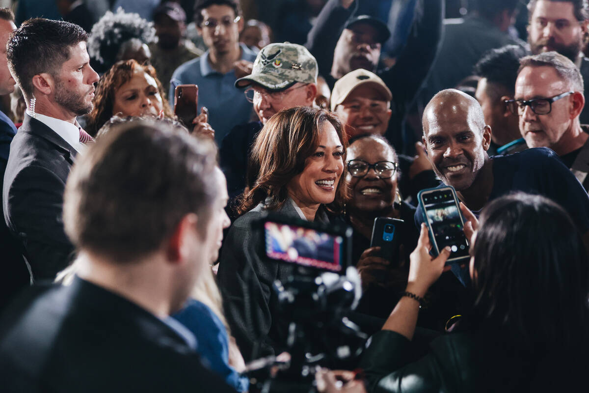 Vice President Kamala Harris greets supporters during a campaign event at IBEW Local 357 on Sat ...