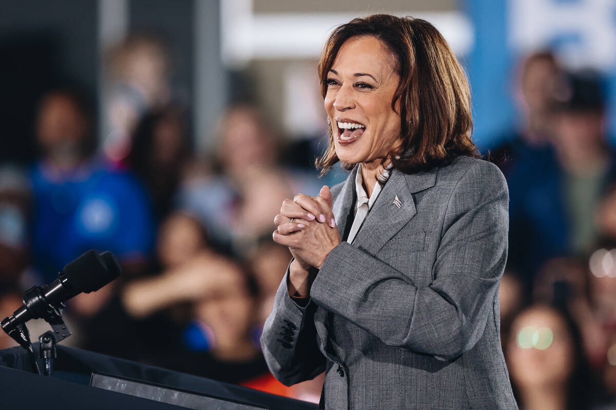 Vice President Kamala Harris speaks to a crowd during a campaign event at IBEW Local 357 on Sat ...