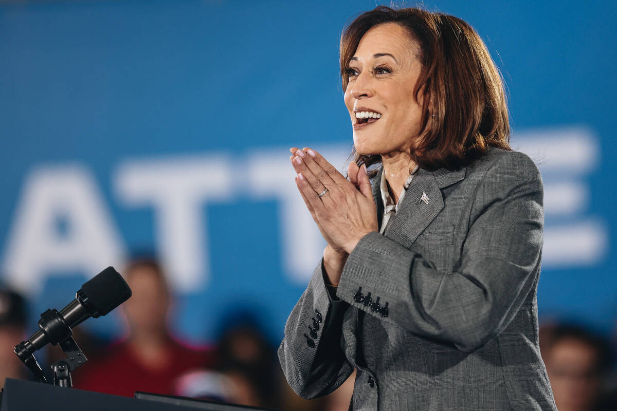 Vice President Kamala Harris speaks to a crowd during a campaign event at IBEW Local 357 on Sat ...