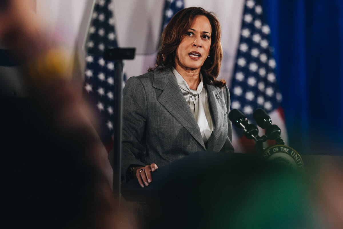 Vice President Kamala Harris speaks to a crowd during a campaign event at IBEW Local 357 on Sat ...