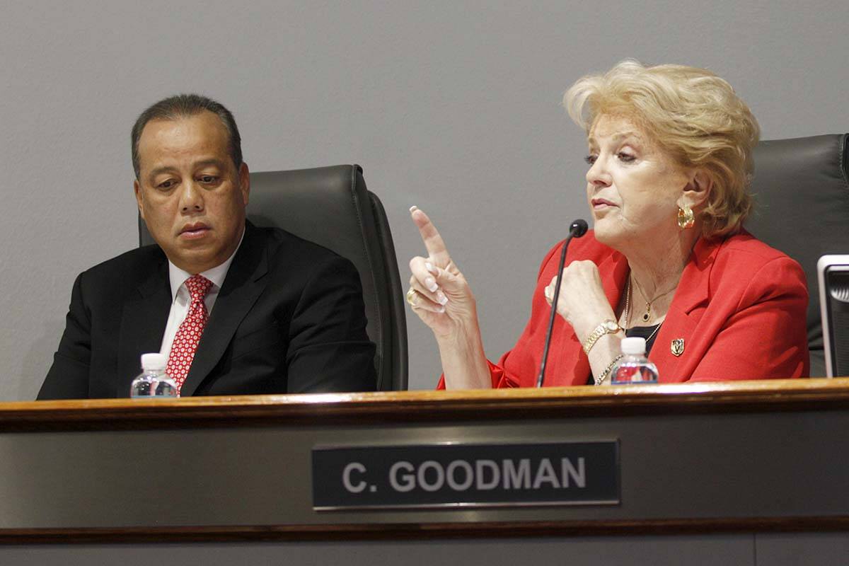 Former Wynn and Encore President Maurice Wooden sits next to Las Vegas Mayor Carolyn Goodman at ...