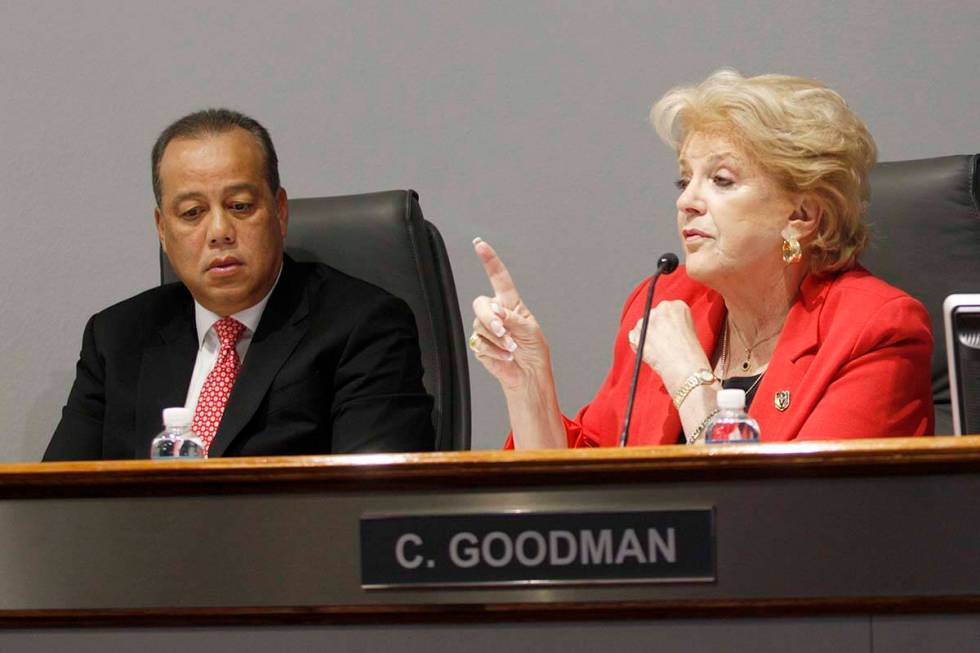 Former Wynn and Encore President Maurice Wooden sits next to Las Vegas Mayor Carolyn Goodman at ...