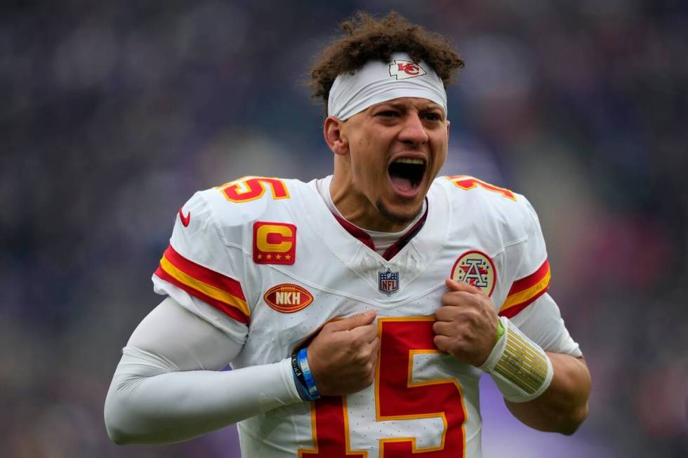 Kansas City Chiefs quarterback Patrick Mahomes (15) shouts before the AFC Championship NFL foot ...