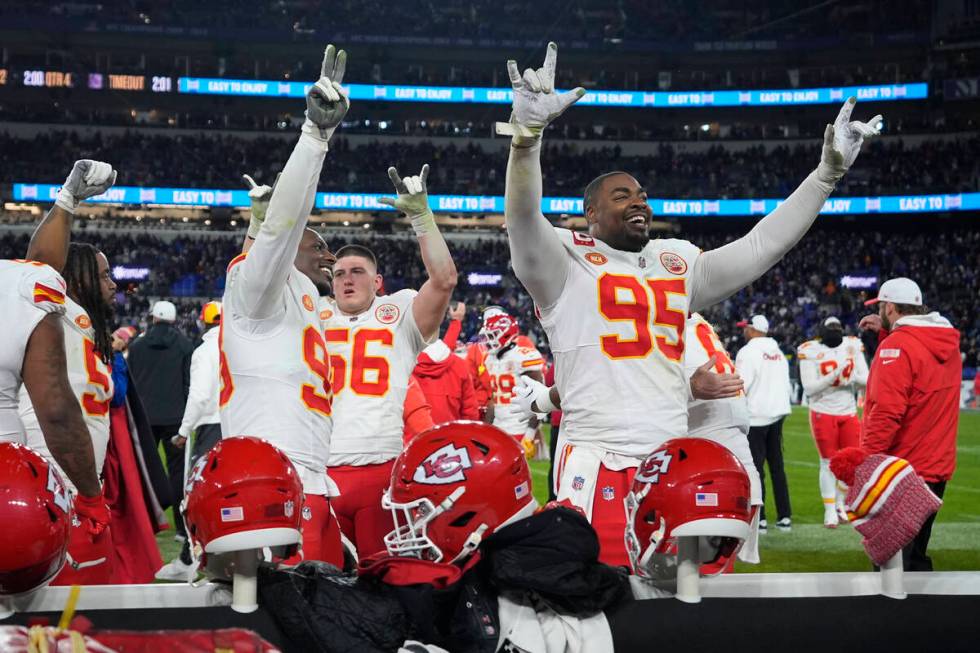 Kansas City Chiefs' players react late in the AFC Championship NFL football game, Sunday, Jan. ...