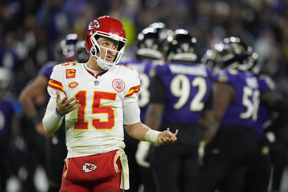 Kansas City Chiefs' Patrick Mahomes reacts during the AFC Championship NFL football game, Sunda ...