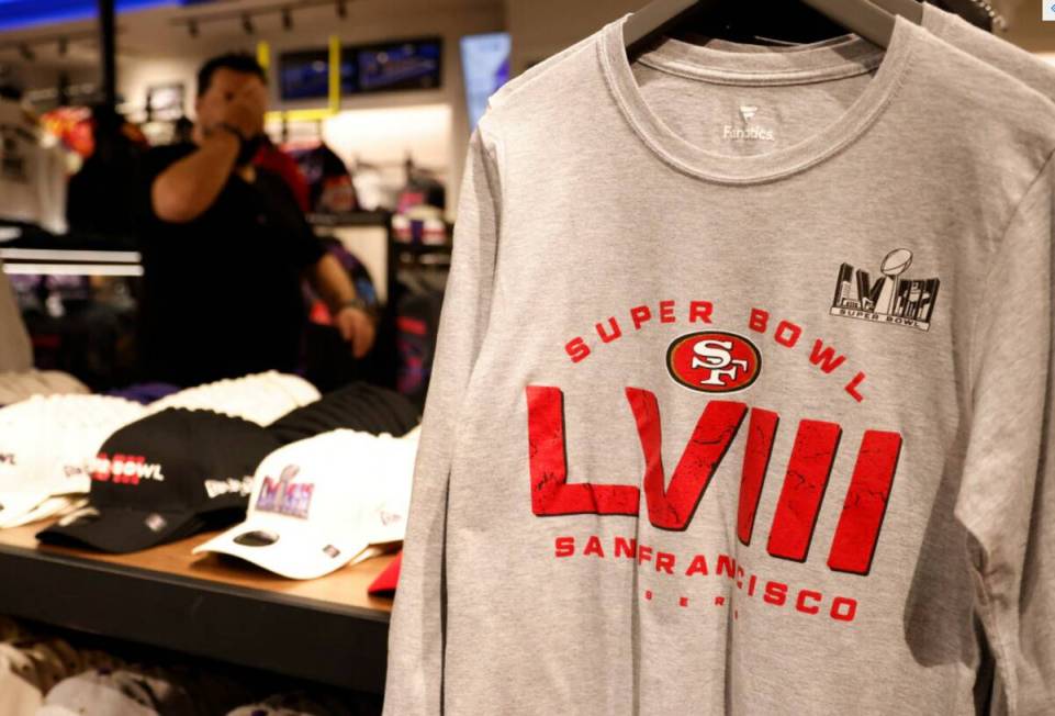 Super Bowl LVIII merchandise from San Francisco 49ers are displayed at the NFL Las Vegas store ...