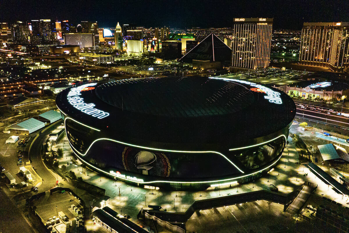 An aerial view of Allegiant Stadium, dressed up for the Super Bowl, on Saturday, Jan. 27, 2024, ...