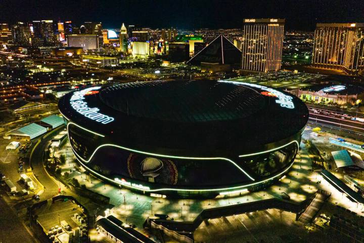 An aerial view of Allegiant Stadium, dressed up for the Super Bowl, on Saturday, Jan. 27, 2024, ...