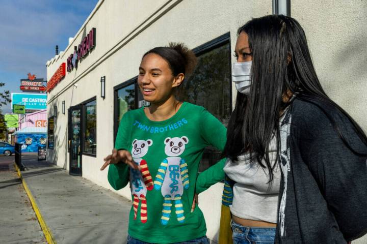 Nevada voters Kya Johnson, left, and Megan Yamat talk about the two nominating processes, the c ...