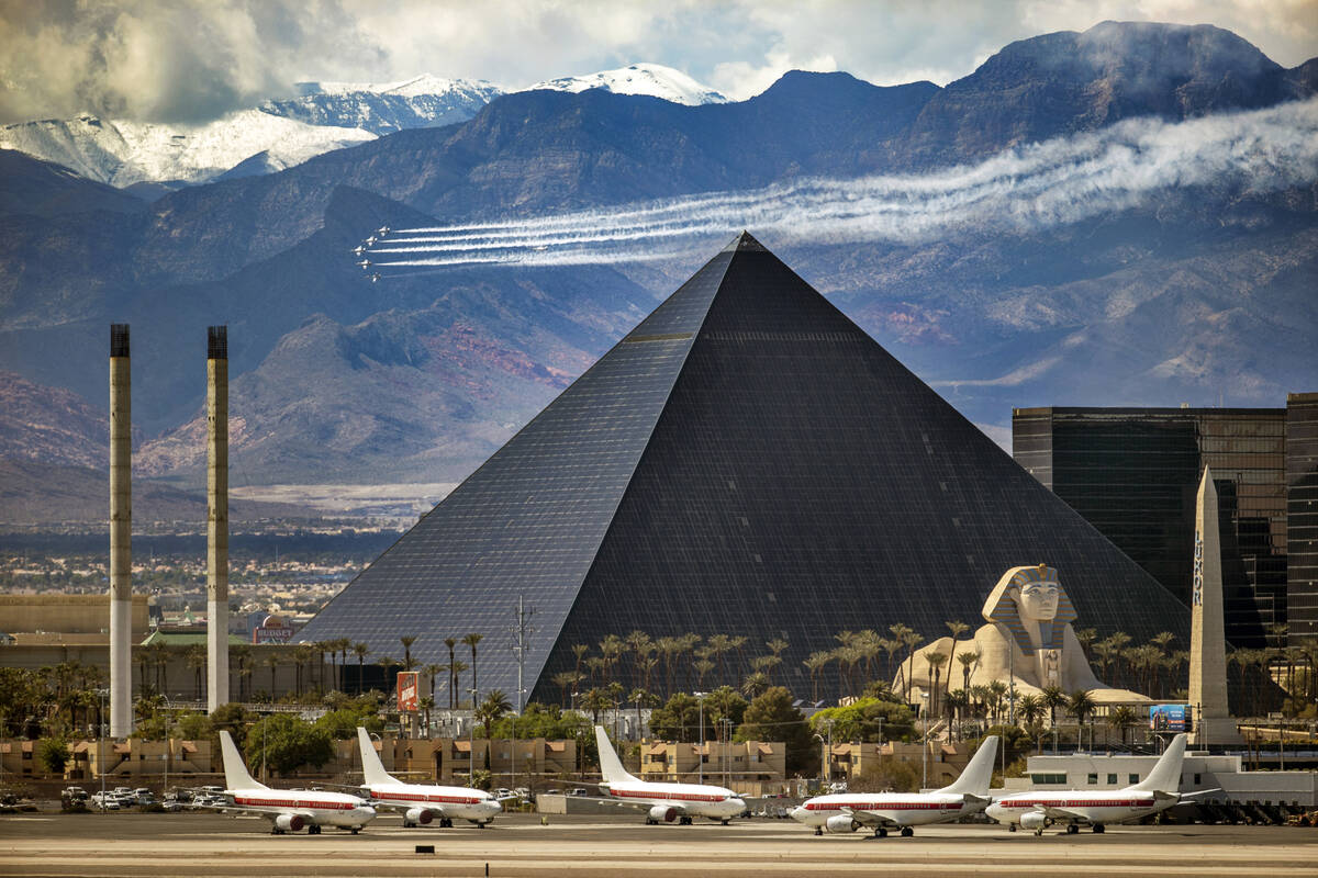 The U.S. Air Force Air Demonstration Squadron Thunderbirds fly over Las Vegas and above the Lux ...