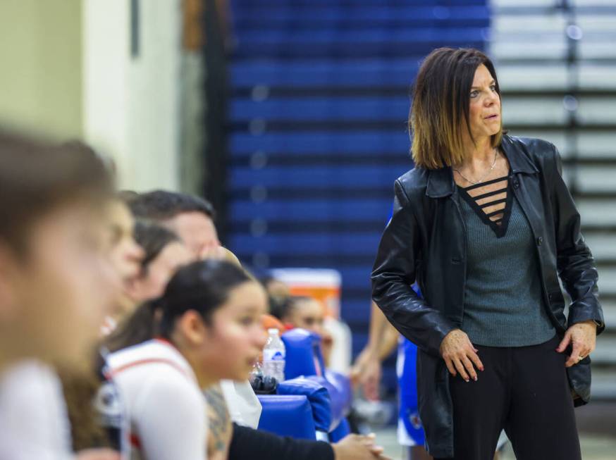 Bishop Gorman head coach Sheryl Krmpotich watches a game against Desert Pines High School at Bi ...