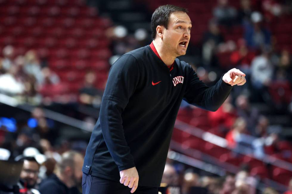 UNLV Rebels head coach Kevin Kruger shouts from the sidelines during the first half of an NCAA ...