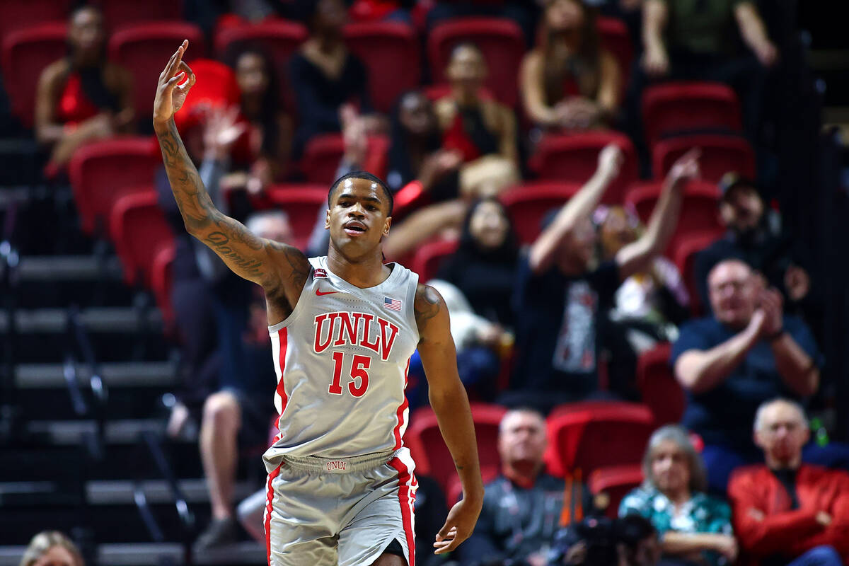 UNLV Rebels guard Luis Rodriguez (15) celebrates after scoring during the first half of an NCAA ...