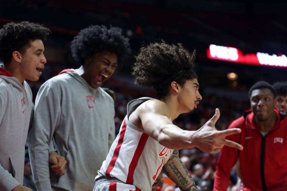 UNLV Rebels guard Brooklyn Hicks (13) celebrates after scoring during the second half of an NCA ...