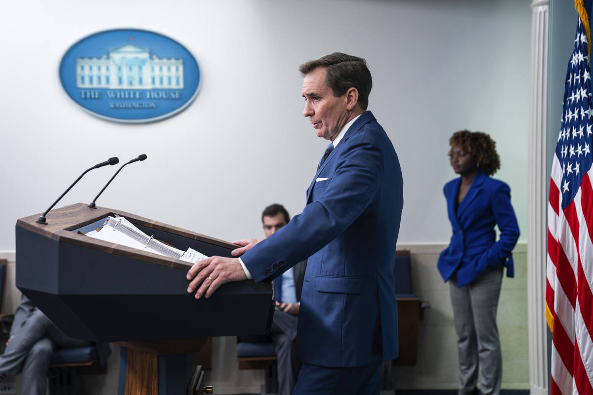 National Security Council spokesman John Kirby speaks during a press briefing at the White Hous ...