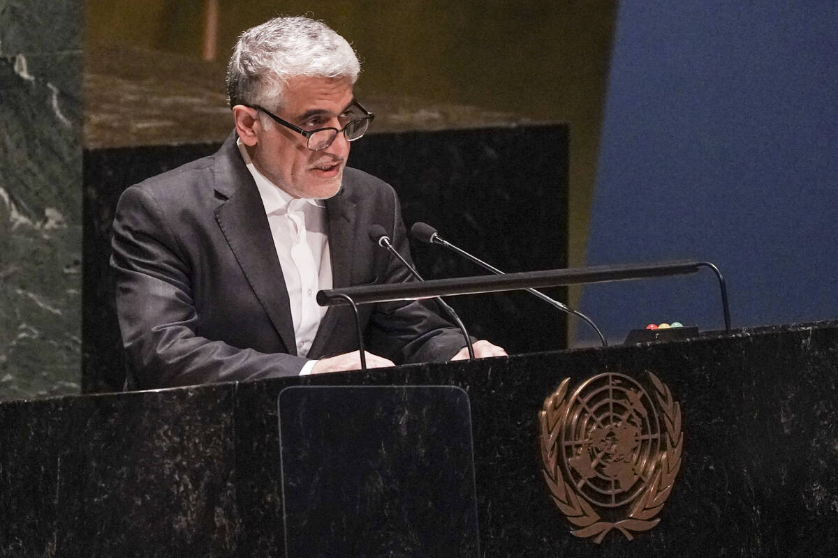 FILE - Iran's United Nations Ambassador Amir Saeid Iravani addresses the U.N. General Assembly ...