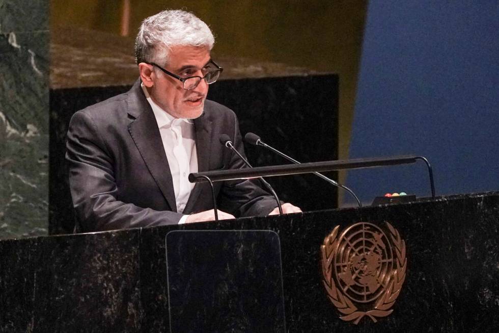 FILE - Iran's United Nations Ambassador Amir Saeid Iravani addresses the U.N. General Assembly ...