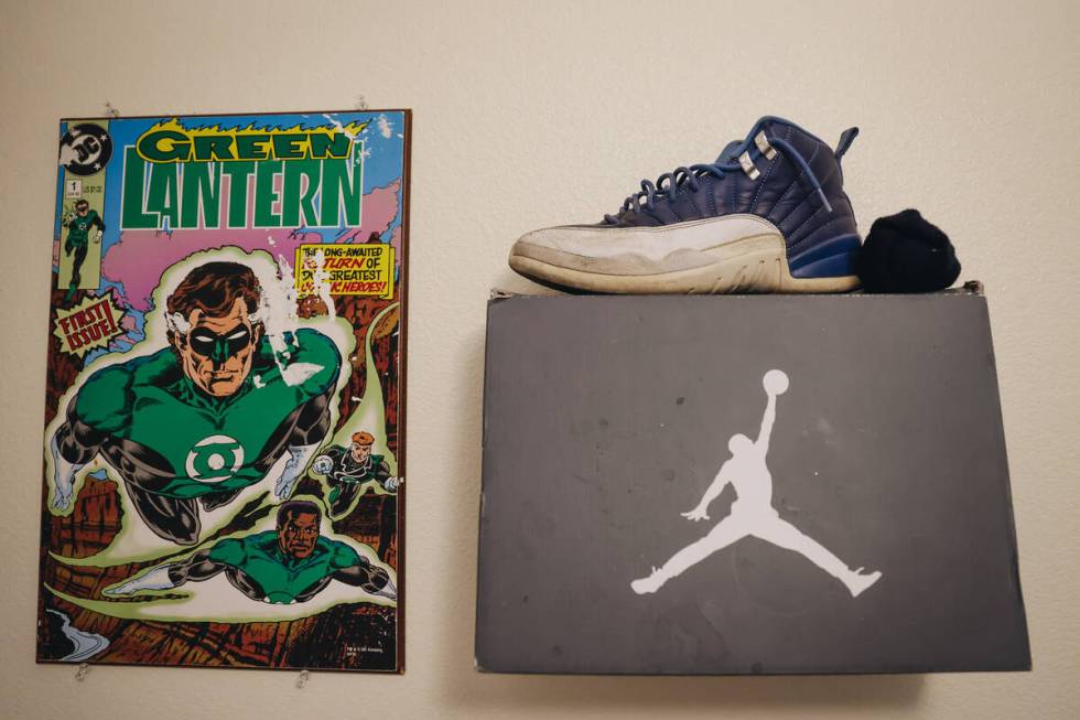 Adrian Hyder’s shoe, which he was wearing when he died, is seen inside of a memorial room for ...