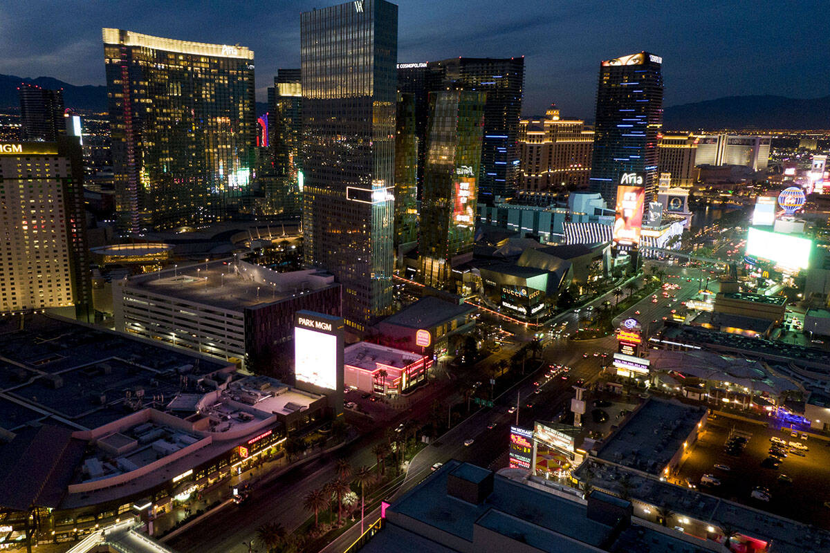 Aerial view of the Las Vegas Strip at looking north sunset on Wednesday, January 12, 2022. (Las ...