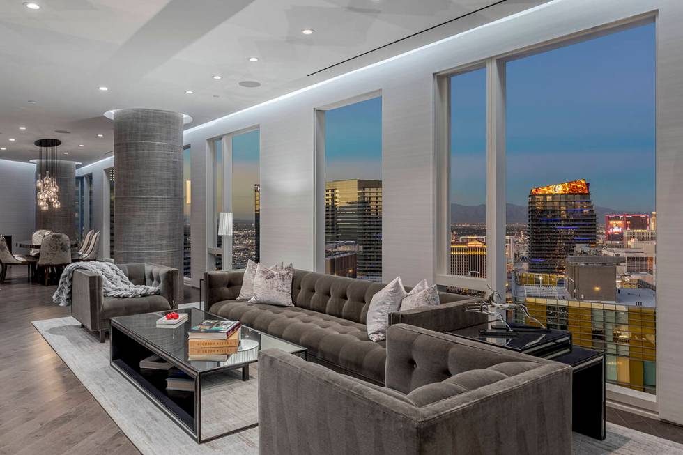 This $9.5 million Waldorf Astoria penthouse features sweeping views of the Las Vegas Strip. (BHHS)