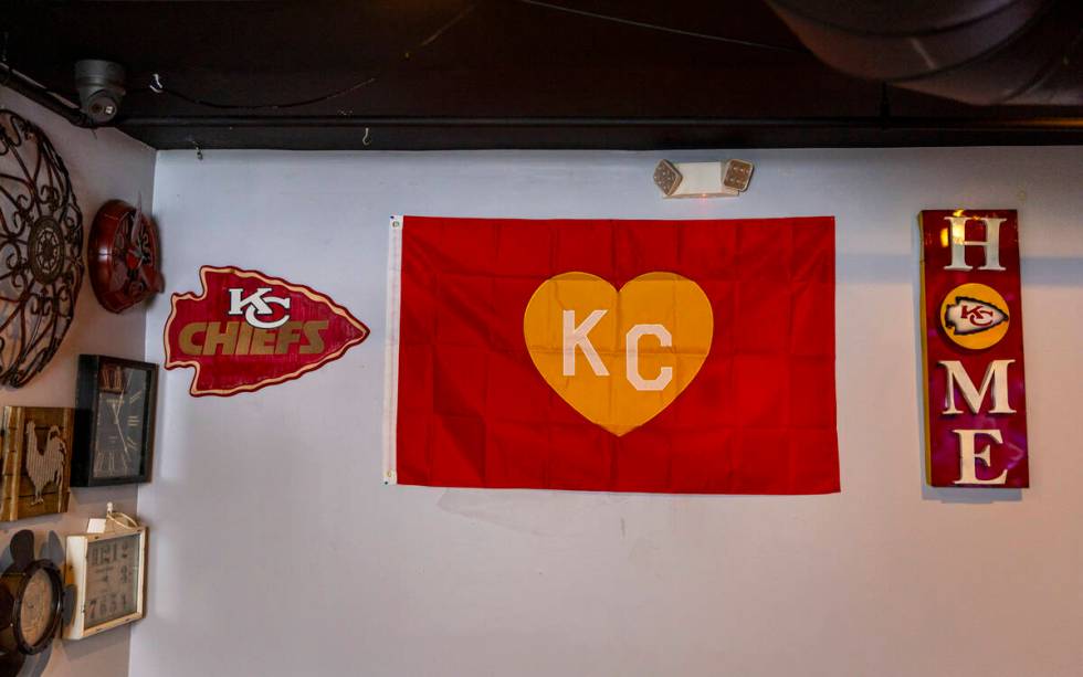 Memorabilia on the wall in the Jackpot Bar, a Kansas City Chiefs bar which features members of ...