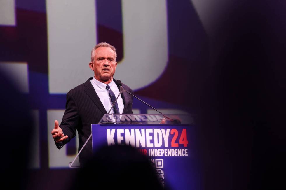 Independent presidential candidate Robert F. Kennedy speaks to a crowd at Area 15 in Las Vegas, ...