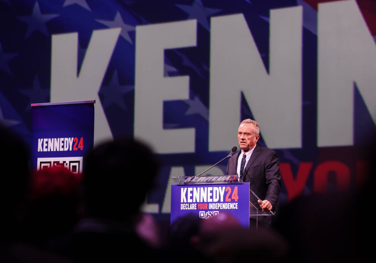 Independent presidential candidate Robert F. Kennedy speaks to a crowd at Area 15 in Las Vegas, ...