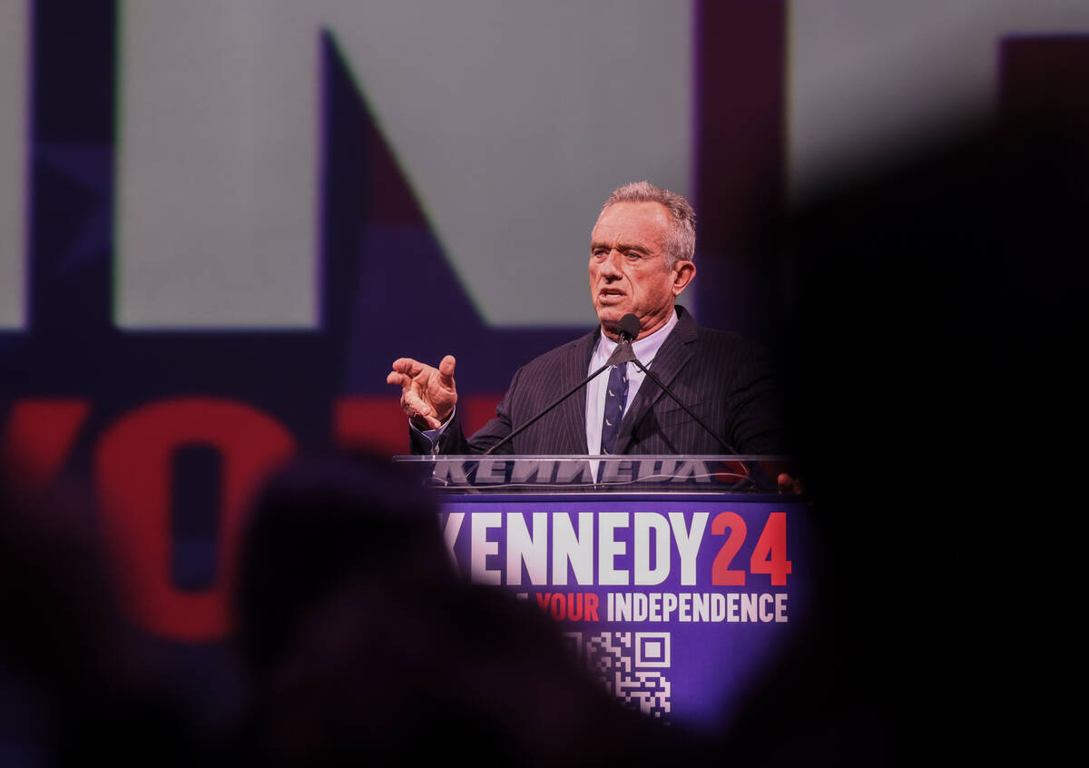 Independent presidential candidate Robert F. Kennedy speaks to a crowd at Area 15 in Las Vegas, ...