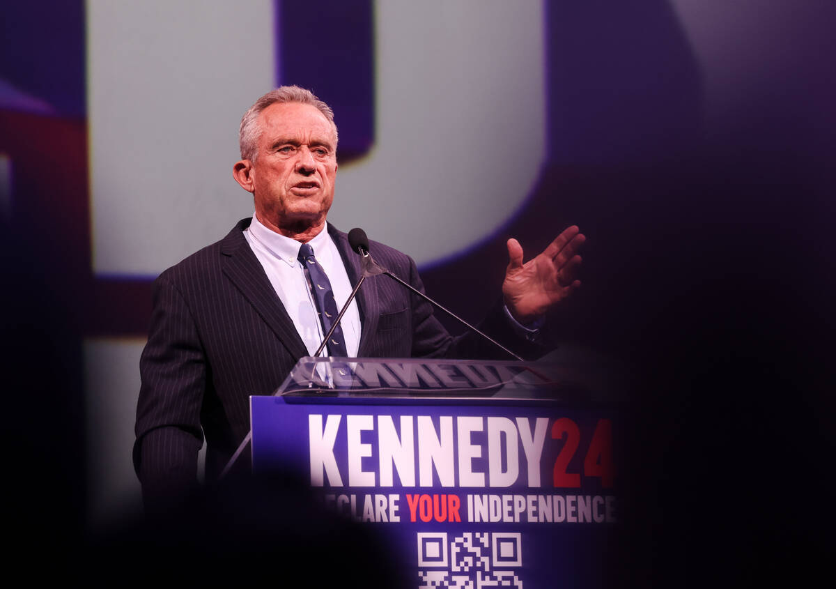 Independent presidential candidate Robert F. Kennedy speaks to a crowd at Area 15 in Las Vegas, ...