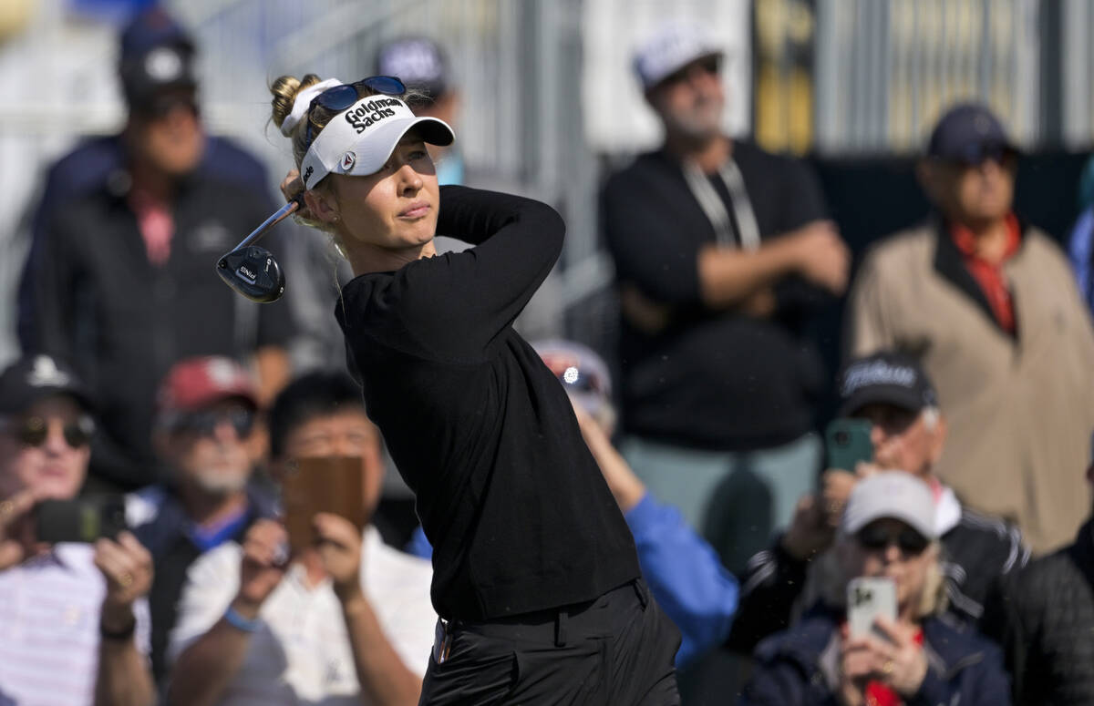 Nelly Korda hits her tee shot on the first hole during the final round of the LPGA Drive On Cha ...