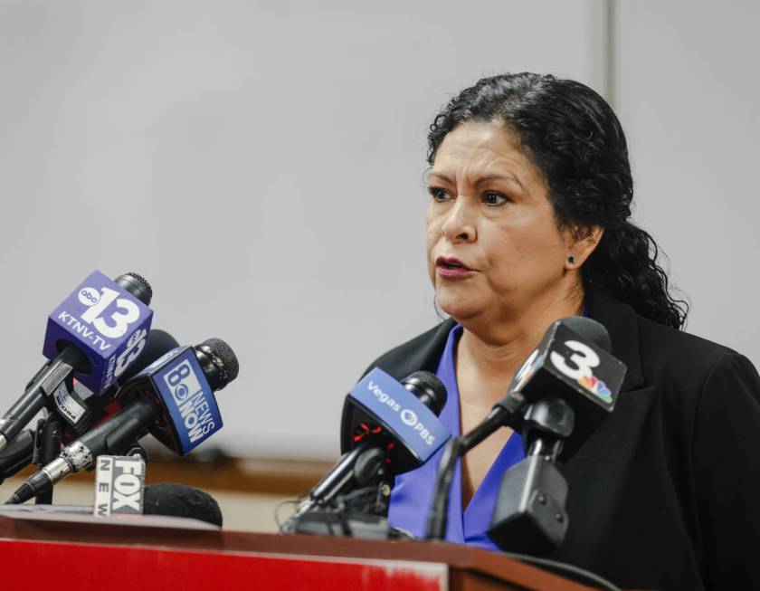 Marie Neisess, president of the Clark County Education Association, addresses media during a pr ...