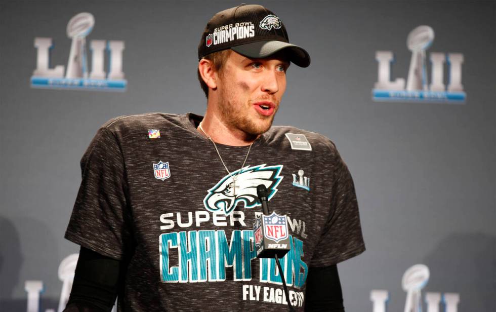 Philadelphia Eagles quarterback and Super Bowl LII MVP Nick Foles answers reporters questions d ...