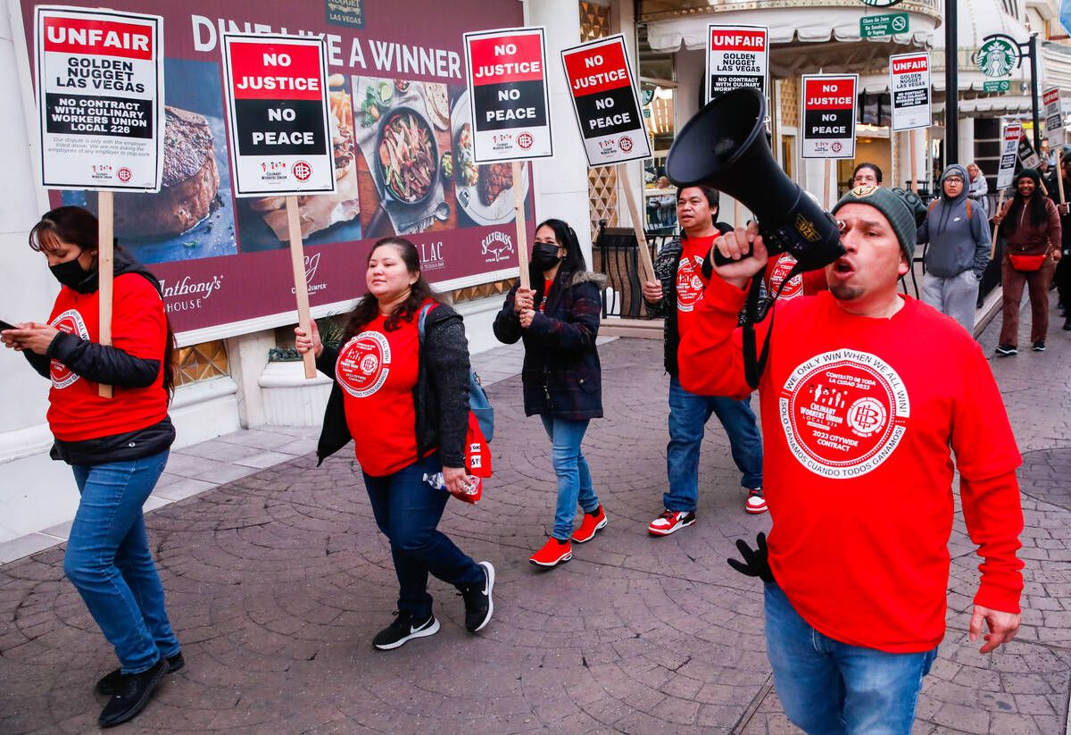 Members of the Culinary Local 226 picket outside the Golden Nugget on Friday, Feb. 2, 2024, in ...