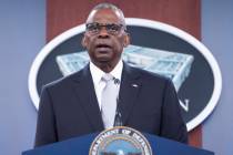 Defense Secretary Lloyd Austin speaks during a Pentagon press briefing at the Pentagon on Thurs ...