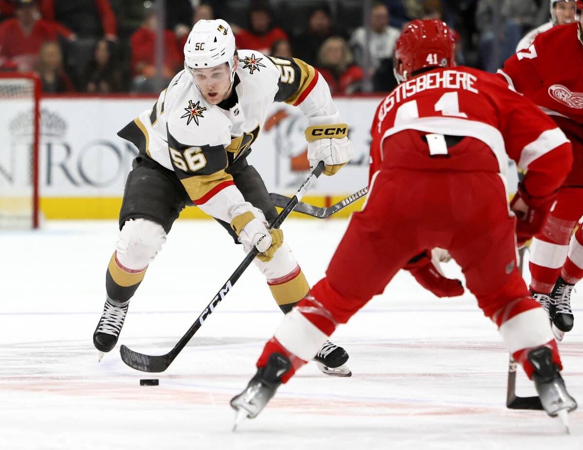 Vegas Golden Knights right wing Sheldon Rempal (56) drives up the ice against Detroit Red Wings ...