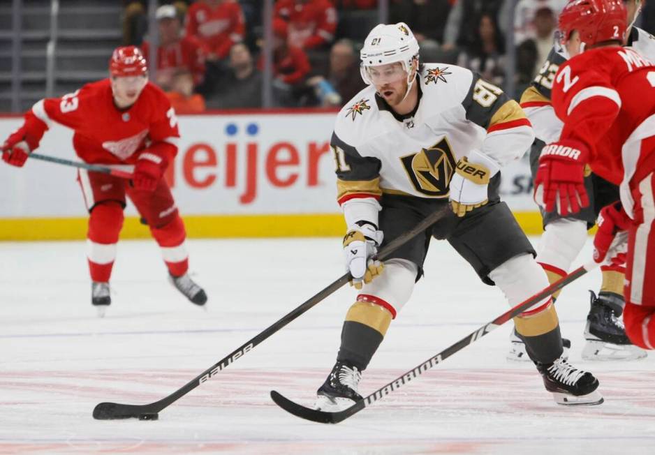 Vegas Golden Knights right wing Jonathan Marchessault (81) moves the puck against the Detroit R ...