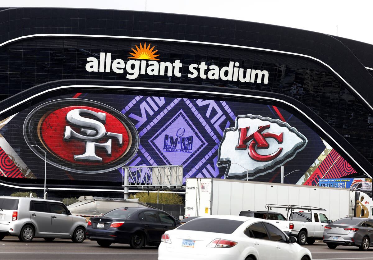 Allegiant Stadium is seen dressed up for the Super Bowl as Super Bowl preparations continue, on ...