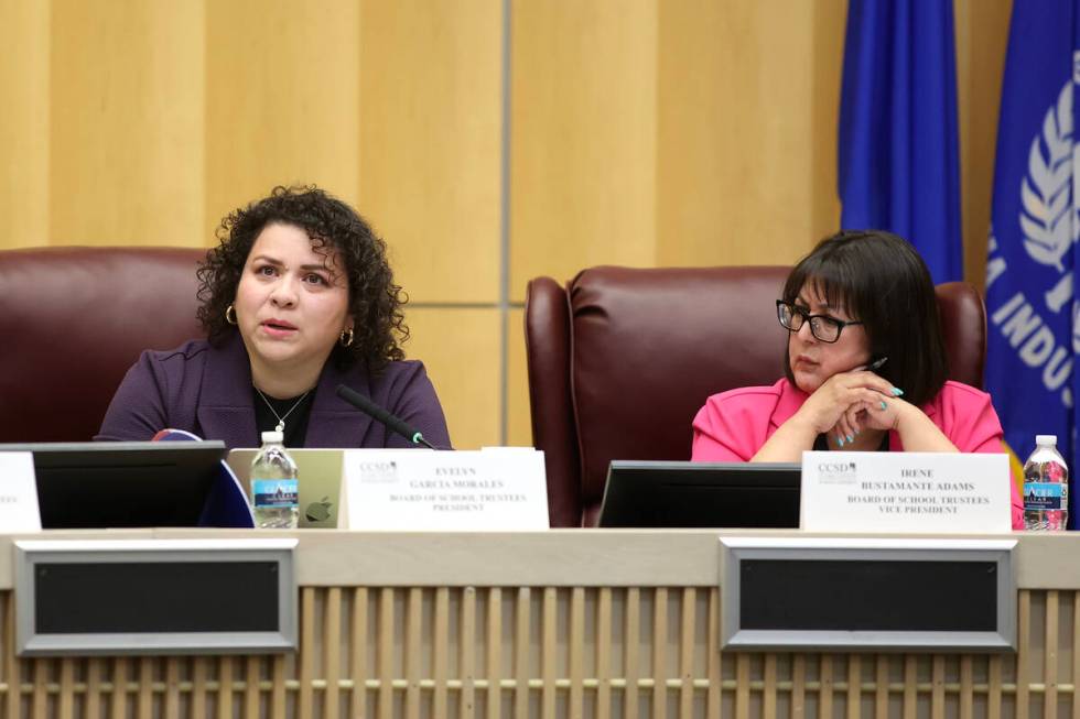 Board president Evelyn Garcia Morales, left, gets emotional while discussing Superintendent Jes ...