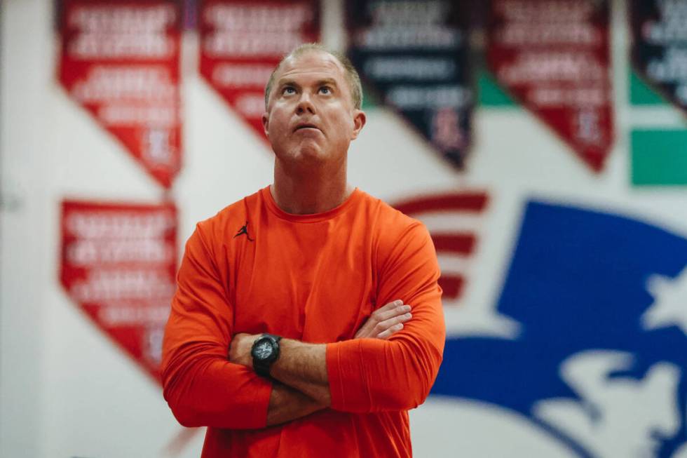 Bishop Gorman head coach Grant Rice reacts as his team trails Liberty during a game between Bis ...