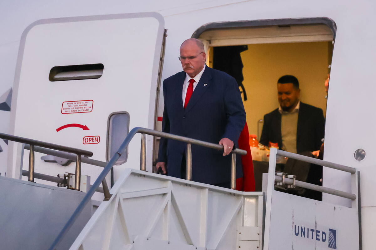 Kansas City Chiefs head coach Andy Reid arrives at the Harry Reid International Airport alongsi ...