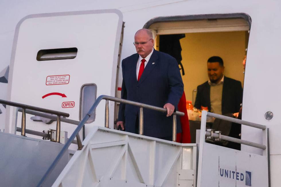 Kansas City Chiefs head coach Andy Reid arrives at the Harry Reid International Airport alongsi ...