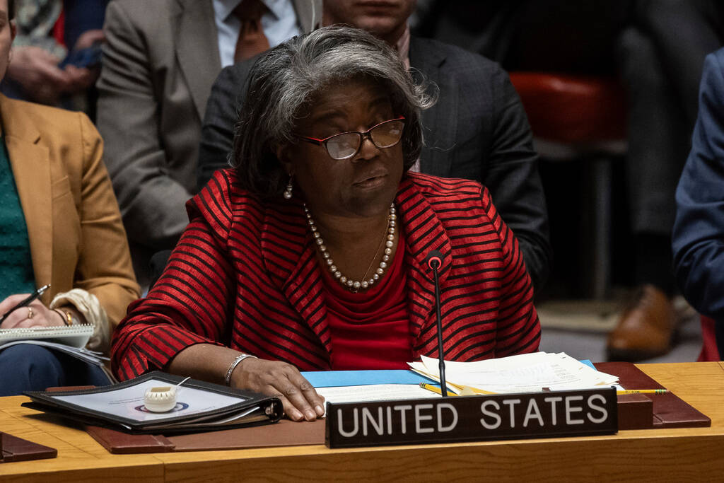US Ambassador to the UN Linda Thomas-Greenfield speaks during the Security Council meeting at U ...
