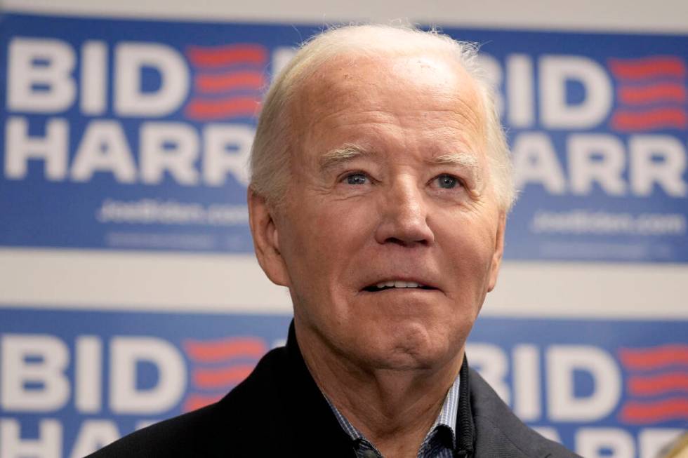 President Joe Biden waits to speak at the Biden campaign headquarters in Wilmington, Del., Satu ...