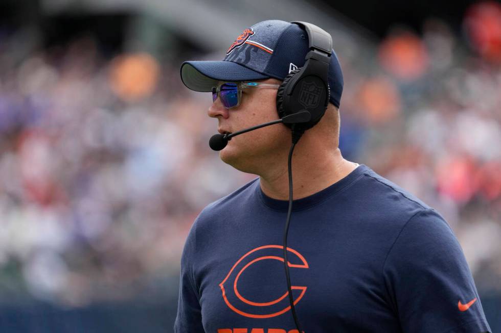 Chicago Bears offensive coordinator Luke Getsy watches during the first half of an NFL preseaso ...