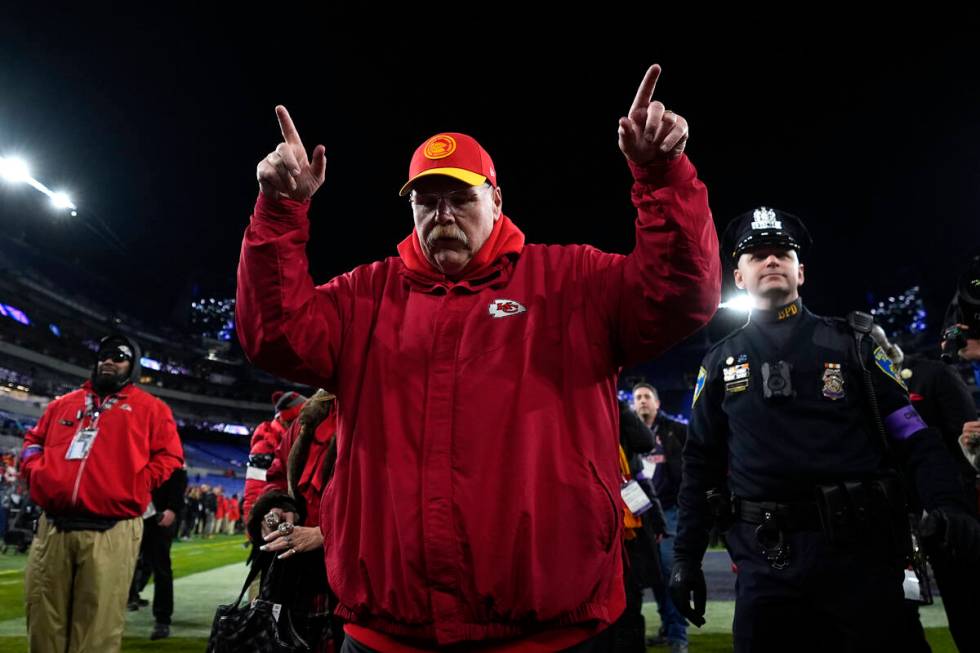 Kansas City Chiefs' Andy Reid reacts after the AFC Championship NFL football game, Sunday, Jan. ...