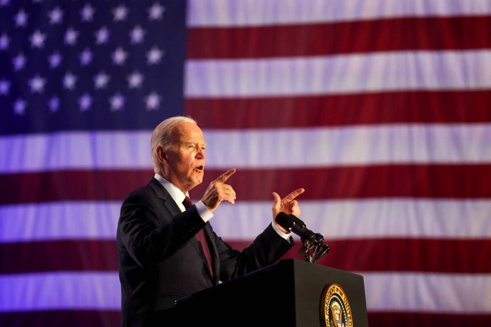 President Joe Biden speaks during a campaign event ahead of the Nevada presidential preference ...
