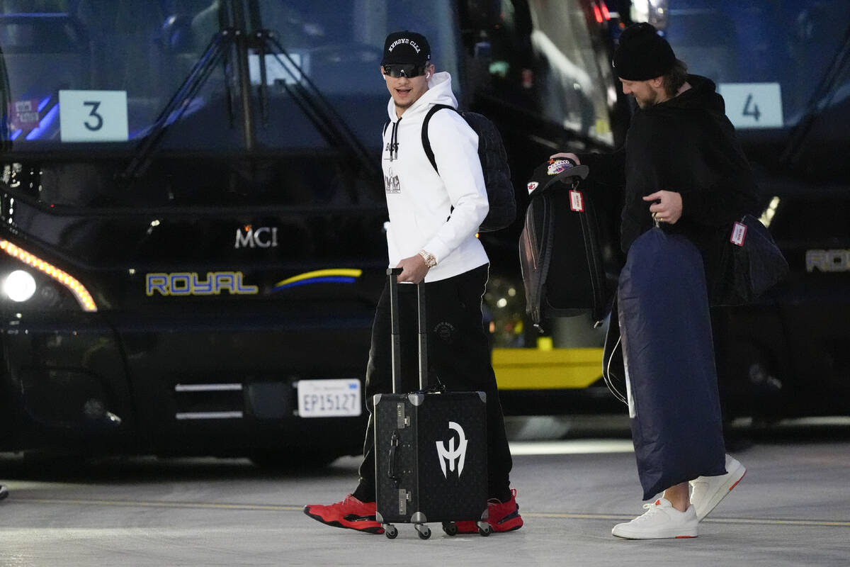 Kansas City Chiefs quarterback Patrick Mahomes arrives ahead of the NFL Super Bowl 58 football ...